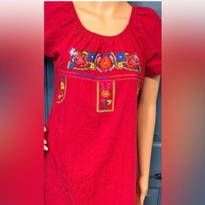 Red Embroidered Mexican Peasant Dress – 100% Cotton Folk Floral – Size L